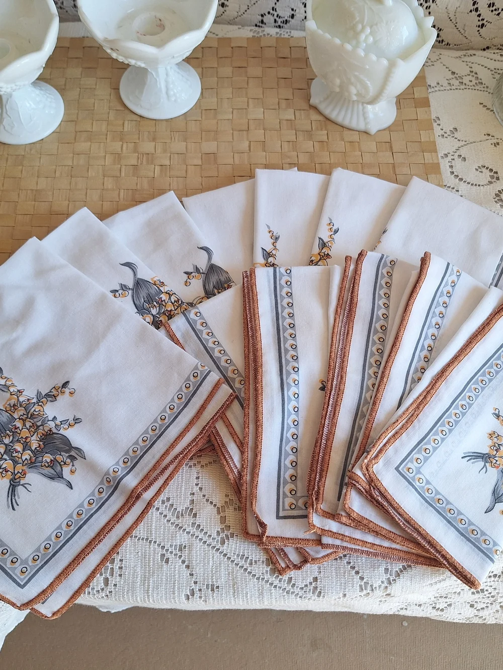 Floral Cotton Tablecloth  And 12 Napkins in White, Gray & Tan